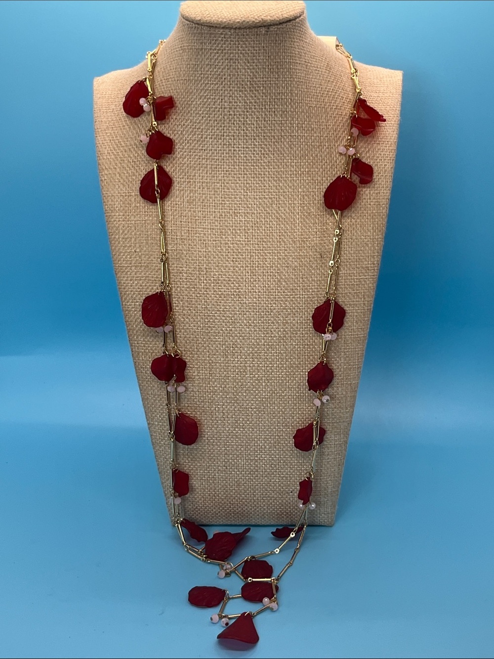 #0270 Elegant Red Petal Long Necklace - Gold Chain